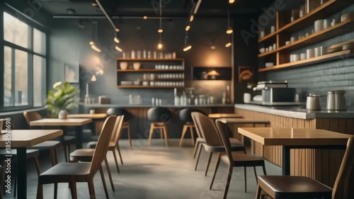 Cinematic stock video of an empty coffee shop interior with natural light and clean design. Suitable for cafe, lifestyle, and hospitality concepts.