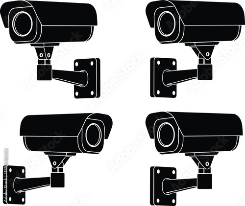 Surveillance camera vector illustration, security monitoring equipment, wall mounted CCTV system, black and white design, technology concept, protection, observation, safety, privacy control