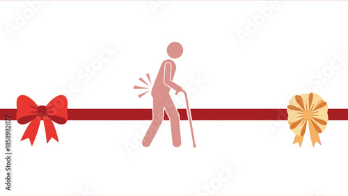 Elderly person icon suffering from back pain, walking with a cane on a decorative ribbon background.