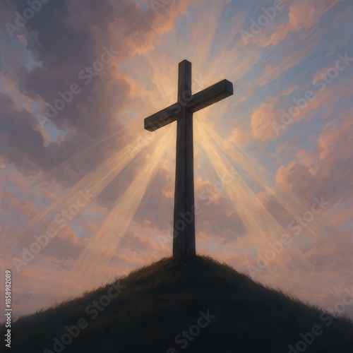 Wooden cross silhouetted against glowing clouds and heavenly rays symbolizing hope salvation and spiritual strength