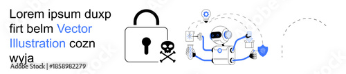 Cybersecurity, data safety, AI technology, malware prevention, identity protection, online risk management. Lock with skull icon, robot with shield and tech interfaces. Cybersecurity and data safety