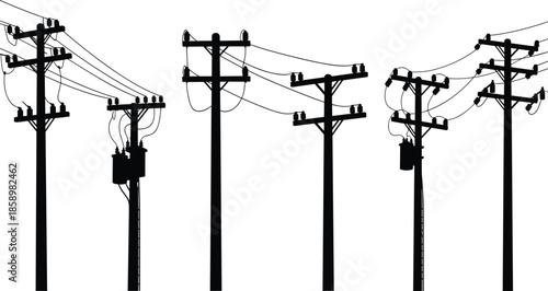 Utility pole silhouette, electrical components, power line vector, transformer setup, insulator design, black illustration, infrastructure network, urban energy grid