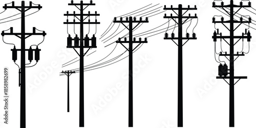 Utility pole silhouette, electrical infrastructure, power line vector, transformer design, urban grid, insulator setup, black illustration, distribution network art