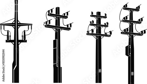 Utility pole silhouette, power line vector, electrical infrastructure, wire configuration, urban grid, black illustration, distribution system, engineering design concept