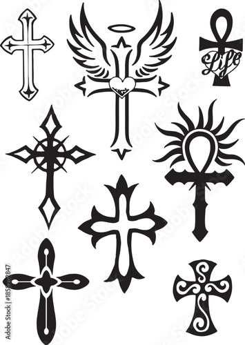 A decorative set of black Celtic cross symbols and tribal tattoo vectors featuring ornate floral patterns, wing shapes, and leaf ornaments for an elegant art illustration design