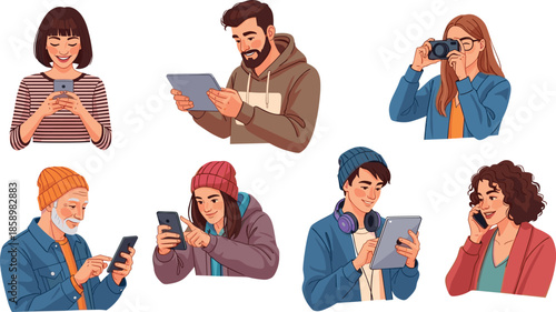 Vector illustration set of diverse people using digital devices including smartphones, tablets, and cameras for modern communication and lifestyle technology.