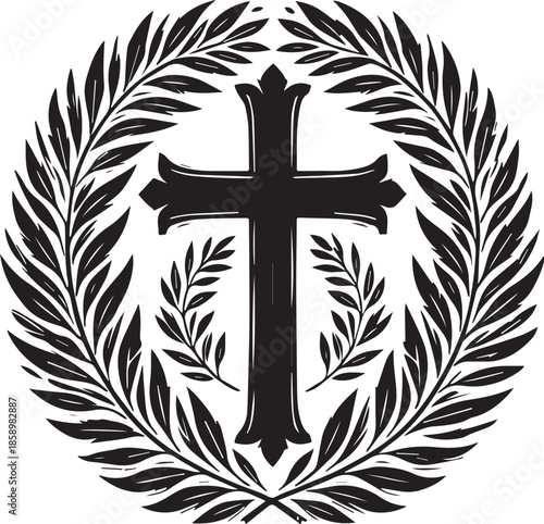 A holy black cross with wings serves as a spiritual religious icon and golden faith symbol of Christ for a church illustration or sacred Bible design