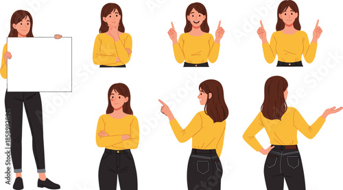 Vector illustration of a young woman in various poses, holding blank sign, thinking, pointing, and presenting for business marketing designs