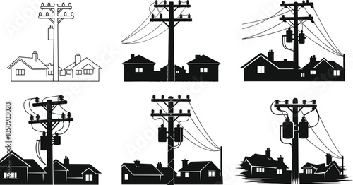 Utility pole vector set, electrical transformer, residential power lines, urban infrastructure, house background, black silhouette, energy distribution, technical illustration