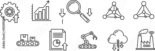 Industrial automation icons set for smart factory manufacturing data analysis process optimization logistics and digital transformation cad drawing flat vector illustration
