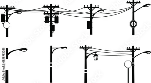 Utility poles, streetlights, transformer setup, urban infrastructure, silhouette vector, electrical components, matching puzzle, technical illustration, pole comparison, city energy layout