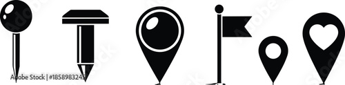 Map Pin and Location Marker Silhouette Set Featuring Push Pins, Navigation Pointers, Flag, and Heart Icon, CAD Drawing Flat Vector Illustration