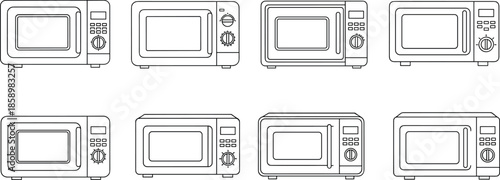 Modern Kitchen Countertop Microwave Oven Icon Set for Home Interior Appliance Design, CAD Drawing Flat Vector Illustration, Household Cooking Equipment