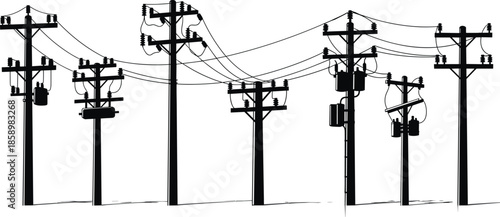 Utility poles, electrical transformers, power lines, energy infrastructure, overhead wiring, distribution network, urban electricity, insulators, grid system, industrial design