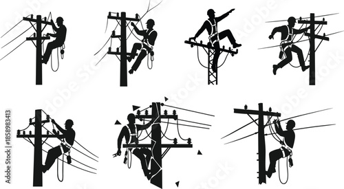 Utility worker silhouette, electrical pole climbing, power line maintenance, safety gear, infrastructure repair, vector illustration, black shape, technical job, energy system, lineman action