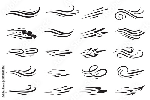 Abstract Wind Motion Symbols Set in Minimal Black Vector Style Showing Airflow, Gusts, Vortex Energy and Dynamic Atmospheric Movement.