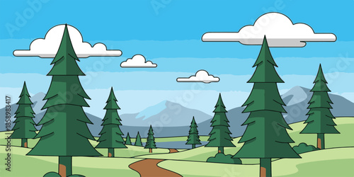 Winter forest landscape with snowy pine trees and mountains in a clean vector illustration style suitable for holiday and Christmas design