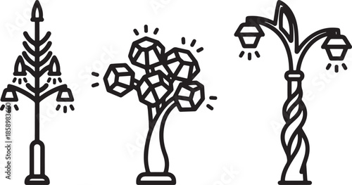 Set of street lamps and lanterns monochrome line art.