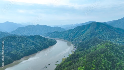 Canyon River Meandering Through Mountain Landscape Scenic Views 4K Aerial