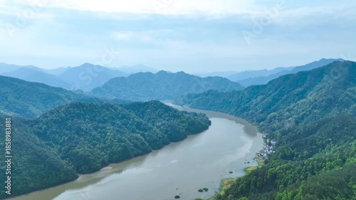 Canyon River Meandering Through Mountain Landscape Scenic Views 4K Aerial
