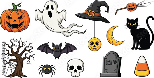 Spooky Halloween icons and symbols for party decoration