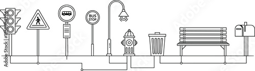 Urban Street Infrastructure Icon Set Featuring Traffic Lights, Road Signs, Bus Stops, Benches, and Mailboxes, CAD Drawing Flat Vector Illustration