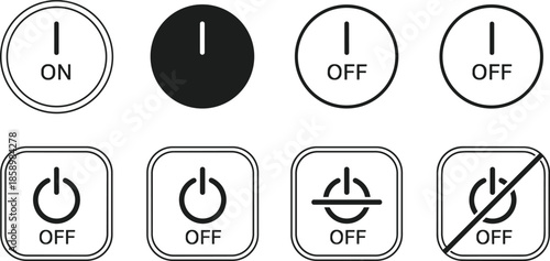 Universal Power Button and On Off Toggle Switch Icon Set for Electronic Device Interface, CAD Drawing Flat Vector Illustration