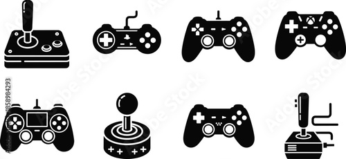 Video game controller icons set for gaming console joystick gamepad and arcade play buttons cad drawing flat vector illustration silhouettes