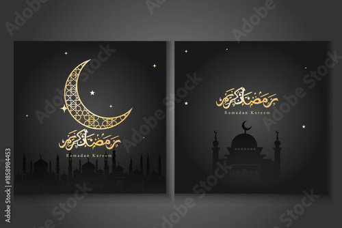 Luxury Ramadan Kareem greeting card set featuring gold ornamental crescent moon, intricate Islamic patterns, and mosque silhouettes on a premium dark black gradient background.