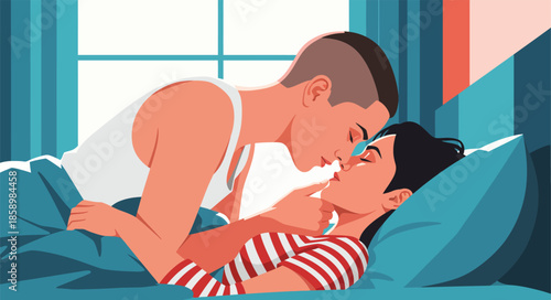 Intimate couple in bed. Romantic young man and woman kissing and lying in the bedroom. Love, passion, and relationship concept flat vector illustration.