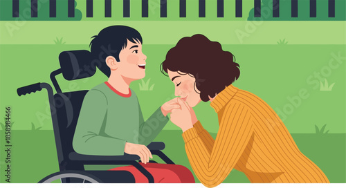 Mother kissing disabled son's hand. Loving woman caring for child in wheelchair outdoors in the park. Family support, special needs, and inclusion concept flat vector illustration.