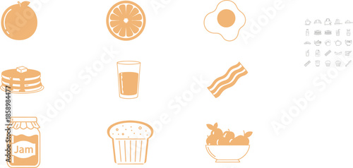 Delicious breakfast items illustration set, food, orange, fruit, pancake, juice