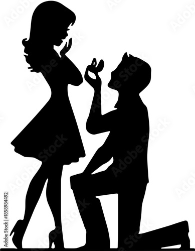 Marriage proposal silhouette, man kneeling and giving engagement ring to woman, romantic couple