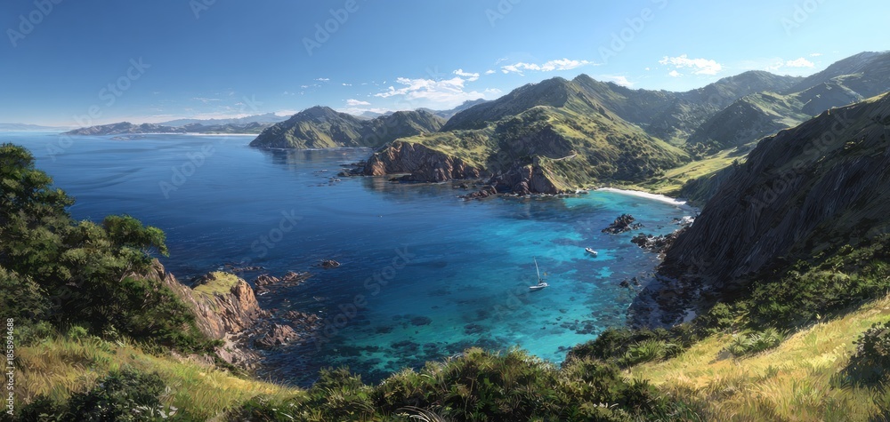 Fototapeta premium Coastal landscape with mountains and turquoise water under a clear blue sky