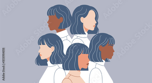 Group of diverse women profiles with blue hair. Multiethnic female characters standing together. Unity, inclusion, and women empowerment concept vector illustration.