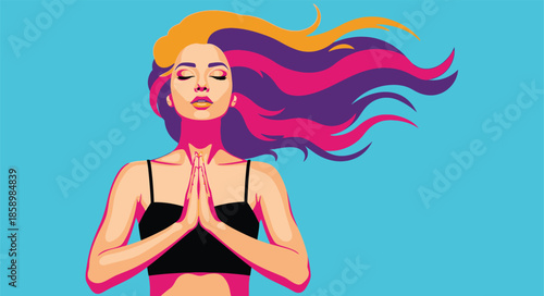 Beautiful woman meditating with colorful flowing hair in pop art style. Female yoga pose with hands in prayer. Mindfulness, wellness, and spiritual peace concept vector illustration.