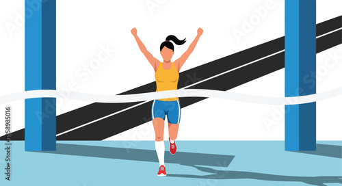 Female runner crossing finish line tape with arms raised. Woman athlete winning race in victory pose. Success, sport competition, and achievement concept vector illustration.