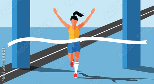 Female runner crossing finish line tape with arms raised. Woman athlete winning race in victory pose. Success, sport competition, and achievement concept vector illustration.

