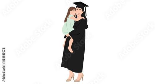 Happy mother in graduation gown holding her little daughter. Vector illustration of female graduate with child in arms. Education, parenthood, and success concept in flat cartoon style.

