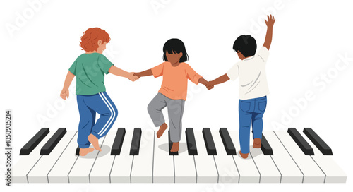 Back view of diverse children holding hands and walking on giant piano keys. Vector illustration of kids playing music together. Music education, friendship, and rhythm concept in flat cartoon style.
