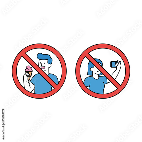 Two red prohibition signs illustrating rules against eating ice cream and taking selfies with a mobile phone.