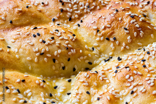 Close-up of the surface of bread cake with sesame seeds. Close-up of fresh, fragrant pastries