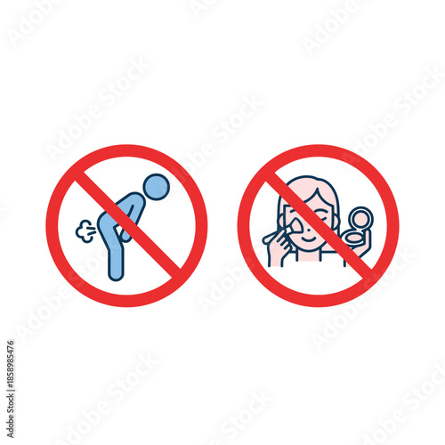 Two prohibition signs: one against farting and another against applying makeup in public spaces.