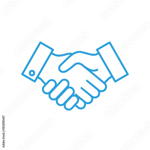 Blue handshake icon, symbol of agreement, partnership, trust, and business deal