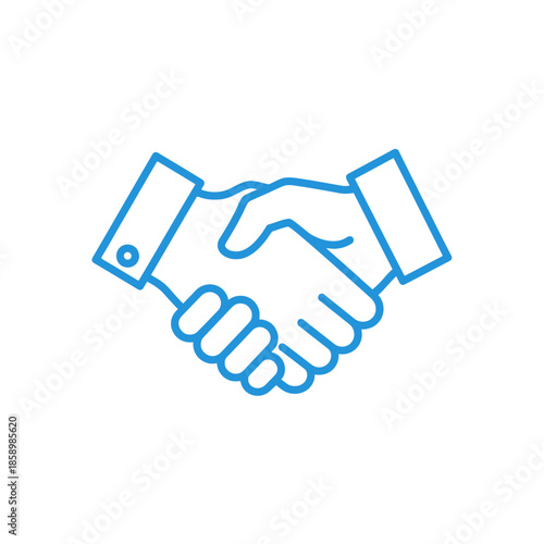 Blue line art handshake icon representing agreement, partnership, and trust on white background