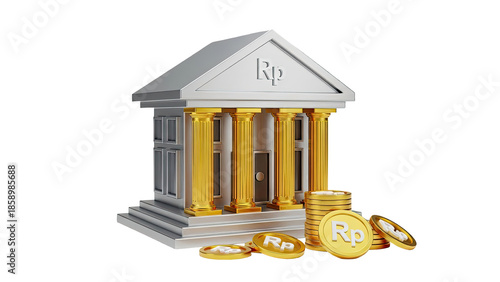 3D Bank Building with Indonesian Rupiah Coins