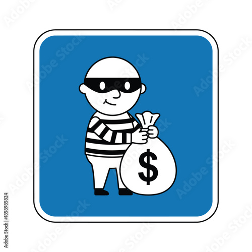 Cartoon thief character wearing a mask and striped shirt, holding a money bag with a dollar sign on a blue square background.