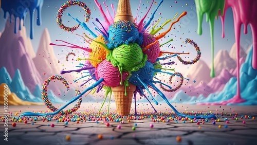 Exploding Ice Cream Cone with Colorful Splashes and Sprinkles
