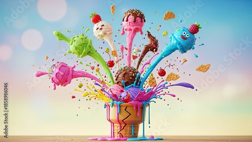 Exploding Ice Cream Cones with Colorful Splashes and Berries, Summer Dessert Explosion