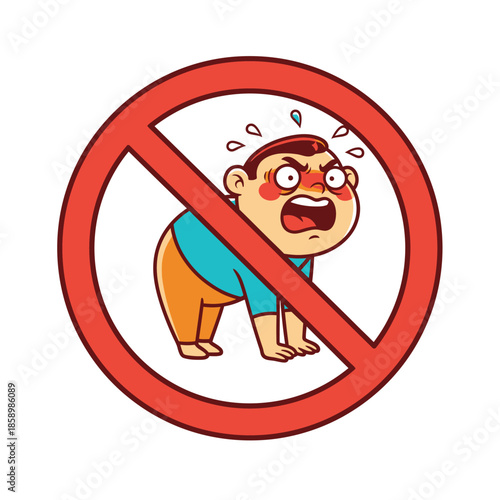 A cartoon illustration of an angry, red-faced man on all fours inside a red prohibition sign, symbolizing no tantrums or aggressive behavior.